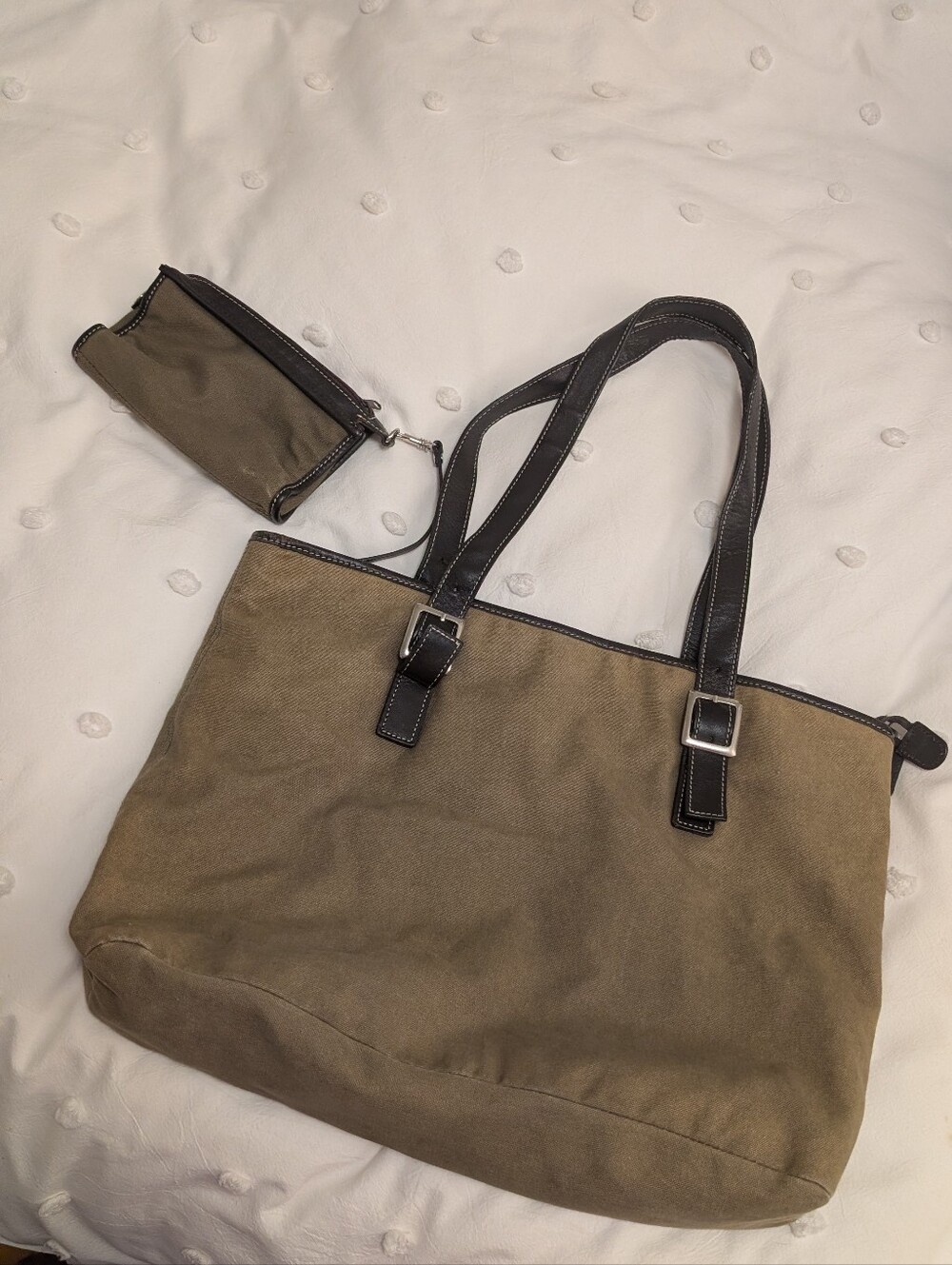 Levenger Canvas Tote Bag with Leather Trim - Olive